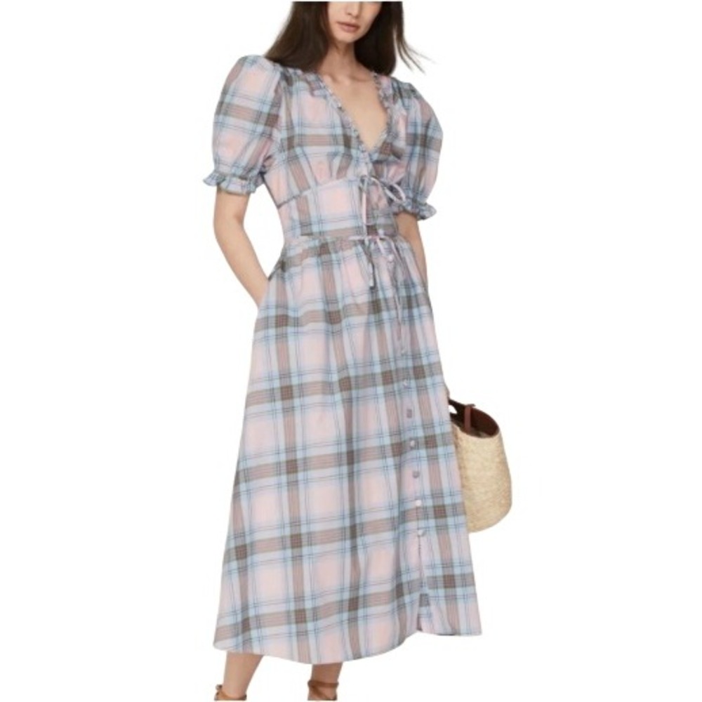 Hill House Sabrina Dress Pastel Plaid Puff Sleeve Midi Cottagecore Size Small